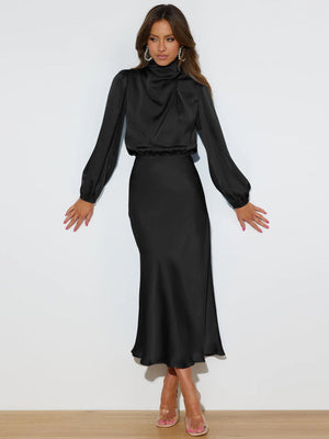 Halter neck long - sleeved dress satin elegant evening dress - Negative Apparel