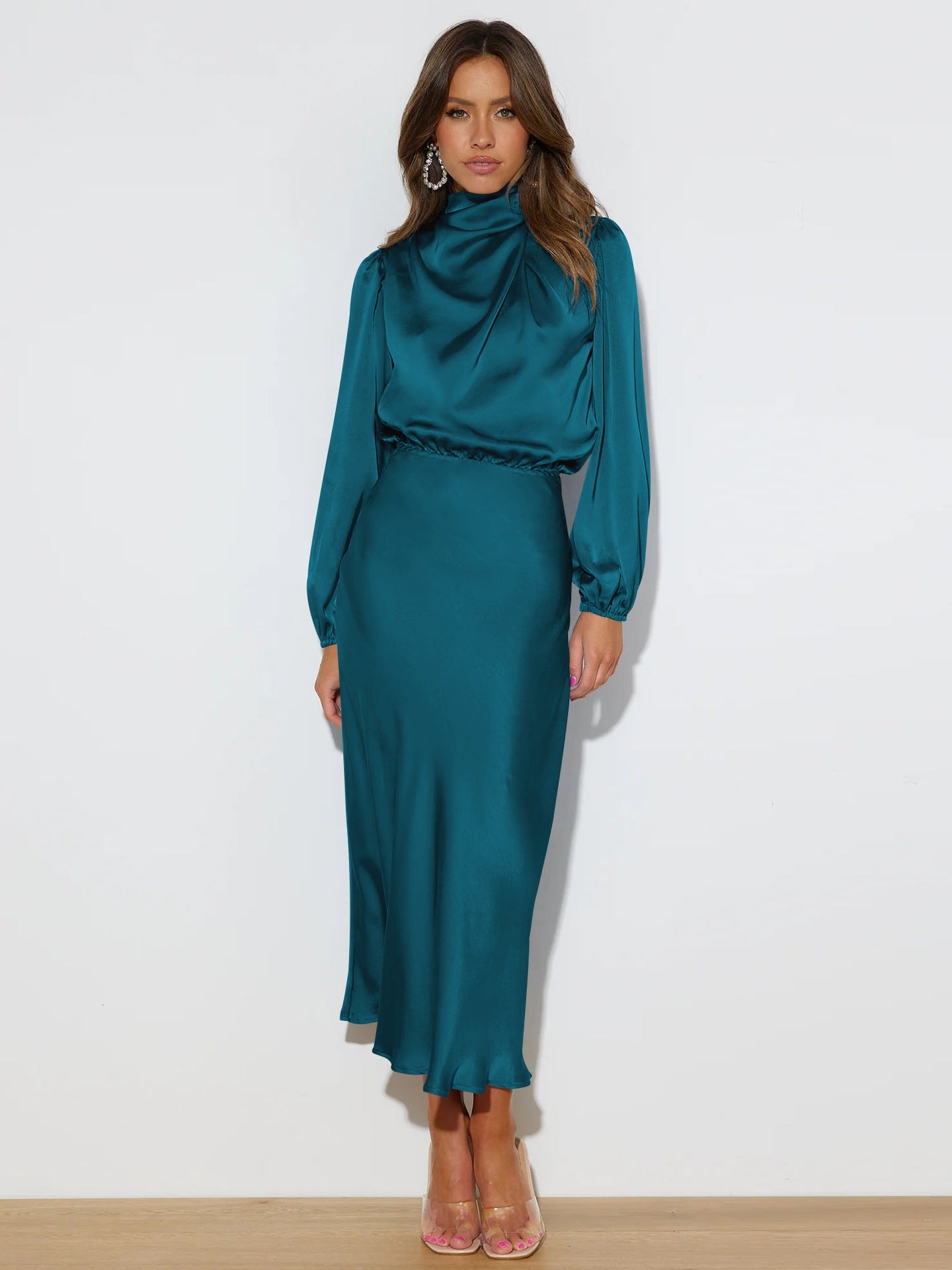 Halter neck long - sleeved dress satin elegant evening dress - Negative Apparel