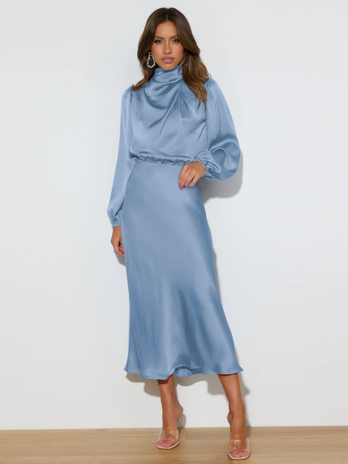 Halter neck long - sleeved dress satin elegant evening dress - Negative Apparel