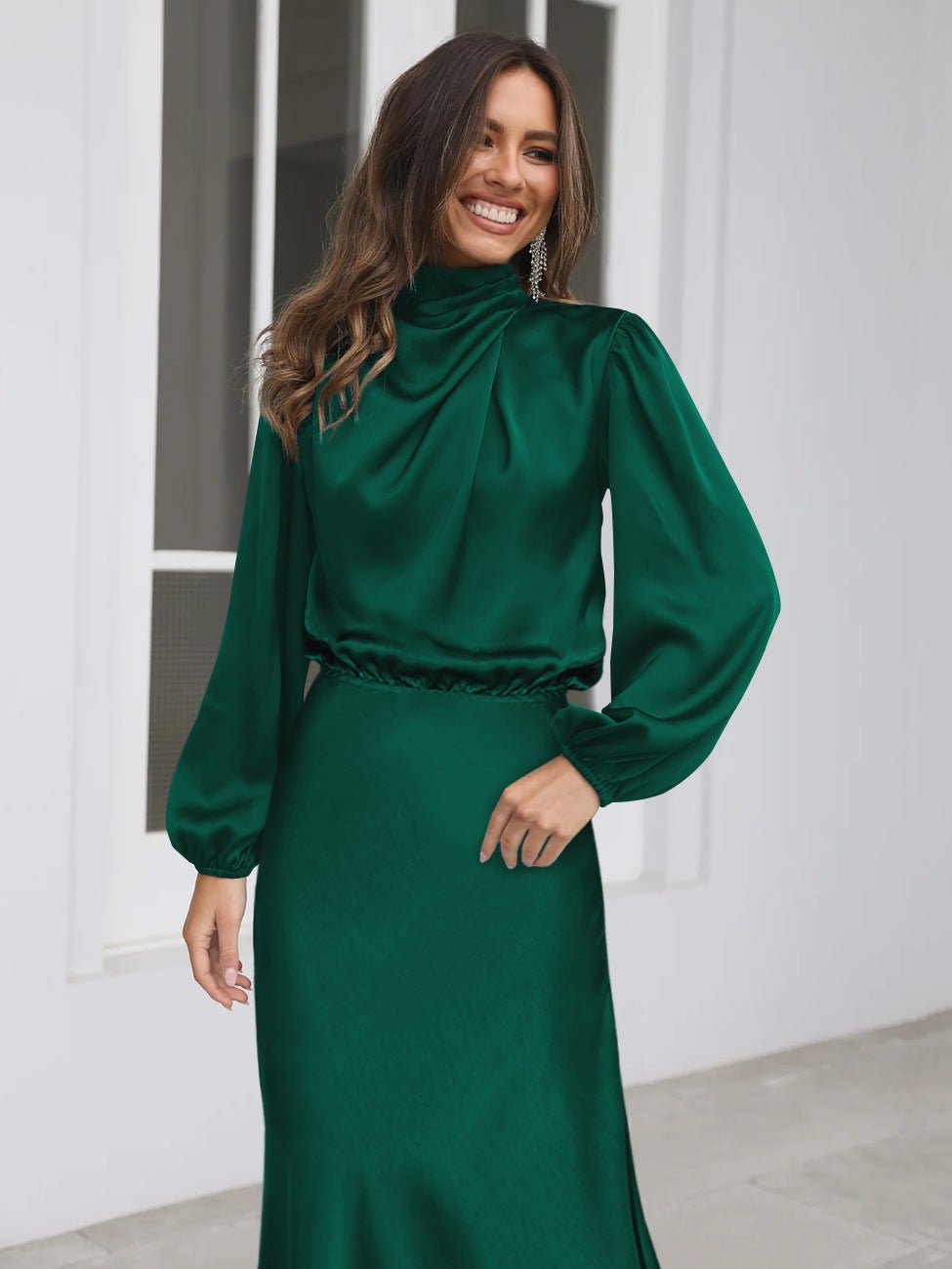 Halter neck long - sleeved dress satin elegant evening dress - Negative Apparel