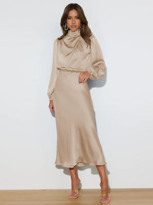 Halter neck long - sleeved dress satin elegant evening dress - Negative Apparel