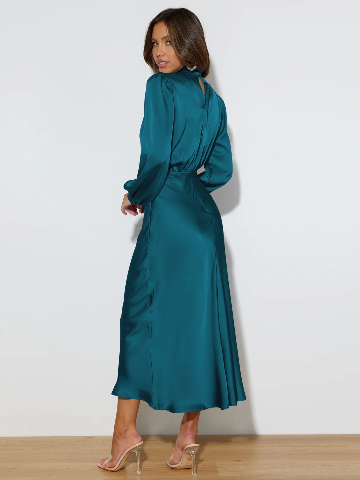 Halter neck long - sleeved dress satin elegant evening dress - Negative Apparel