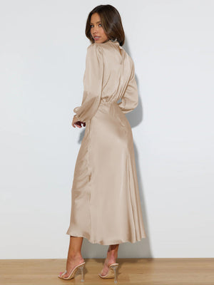 Halter neck long - sleeved dress satin elegant evening dress - Negative Apparel