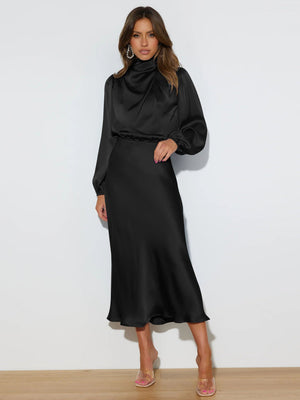 Halter neck long - sleeved dress satin elegant evening dress - Negative Apparel