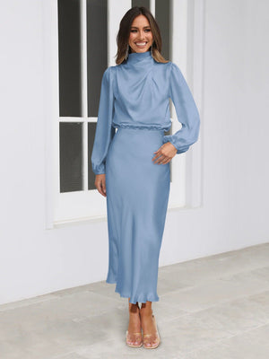 Halter neck long - sleeved dress satin elegant evening dress - Negative Apparel