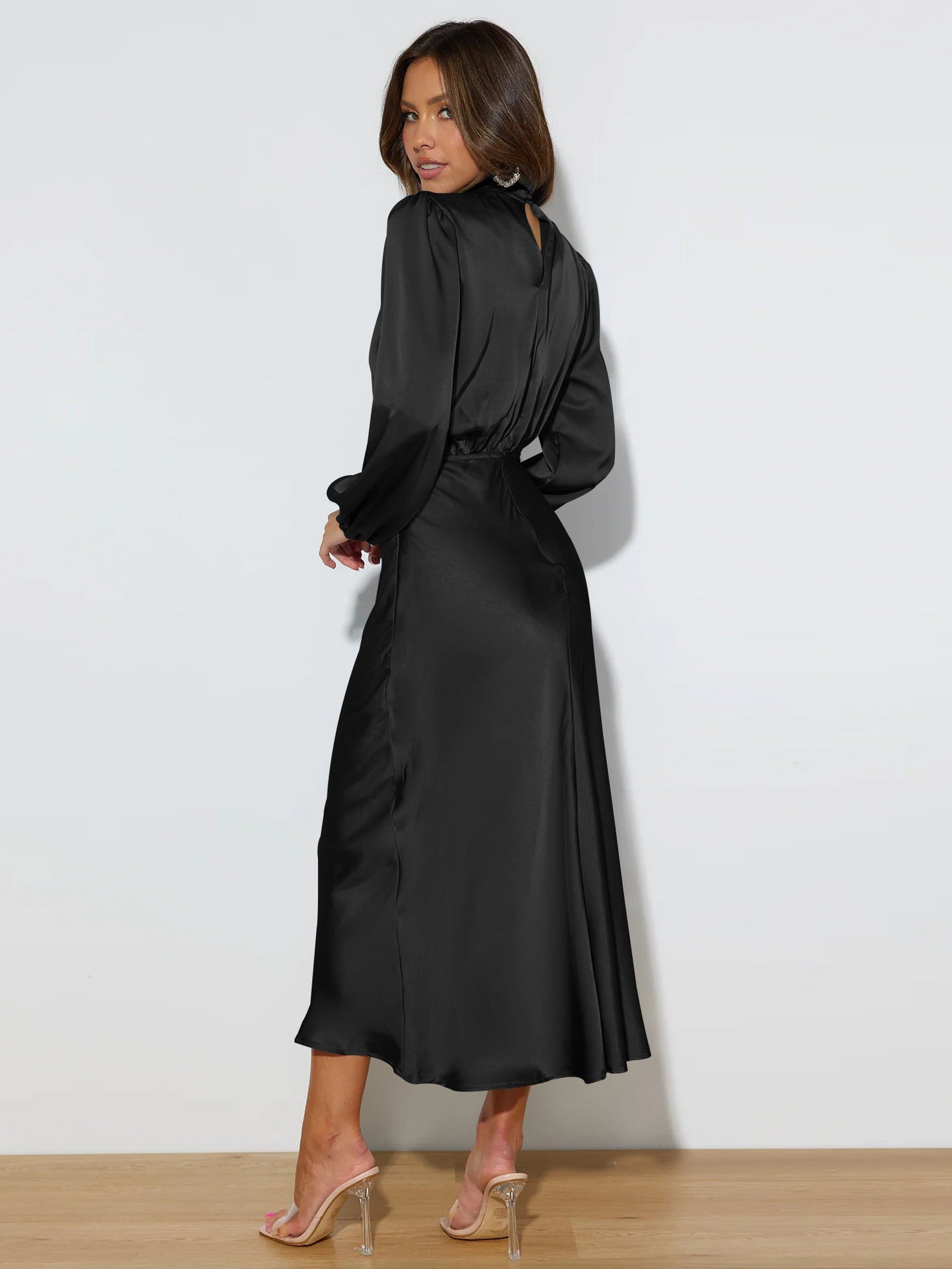 Halter neck long - sleeved dress satin elegant evening dress - Negative Apparel