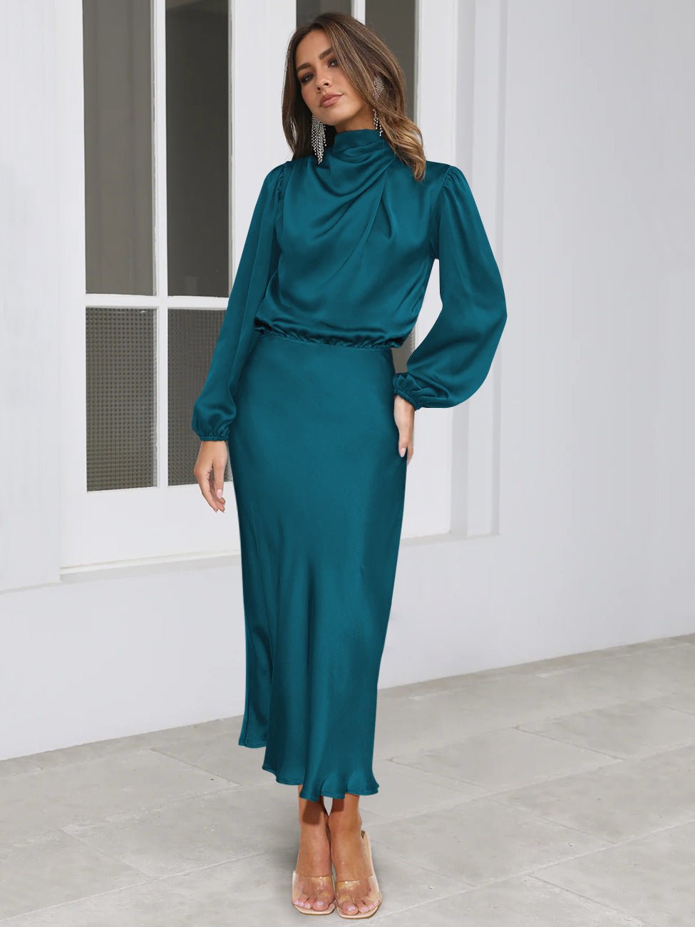 Halter neck long - sleeved dress satin elegant evening dress - Negative Apparel