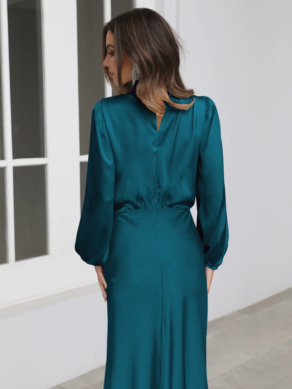 Halter neck long - sleeved dress satin elegant evening dress - Negative Apparel