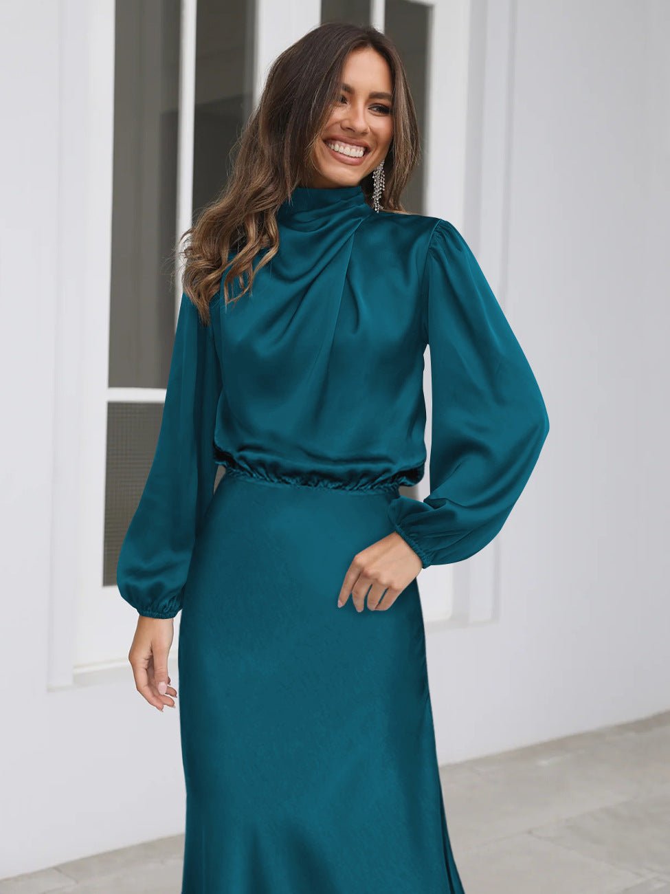 Halter neck long - sleeved dress satin elegant evening dress - Negative Apparel