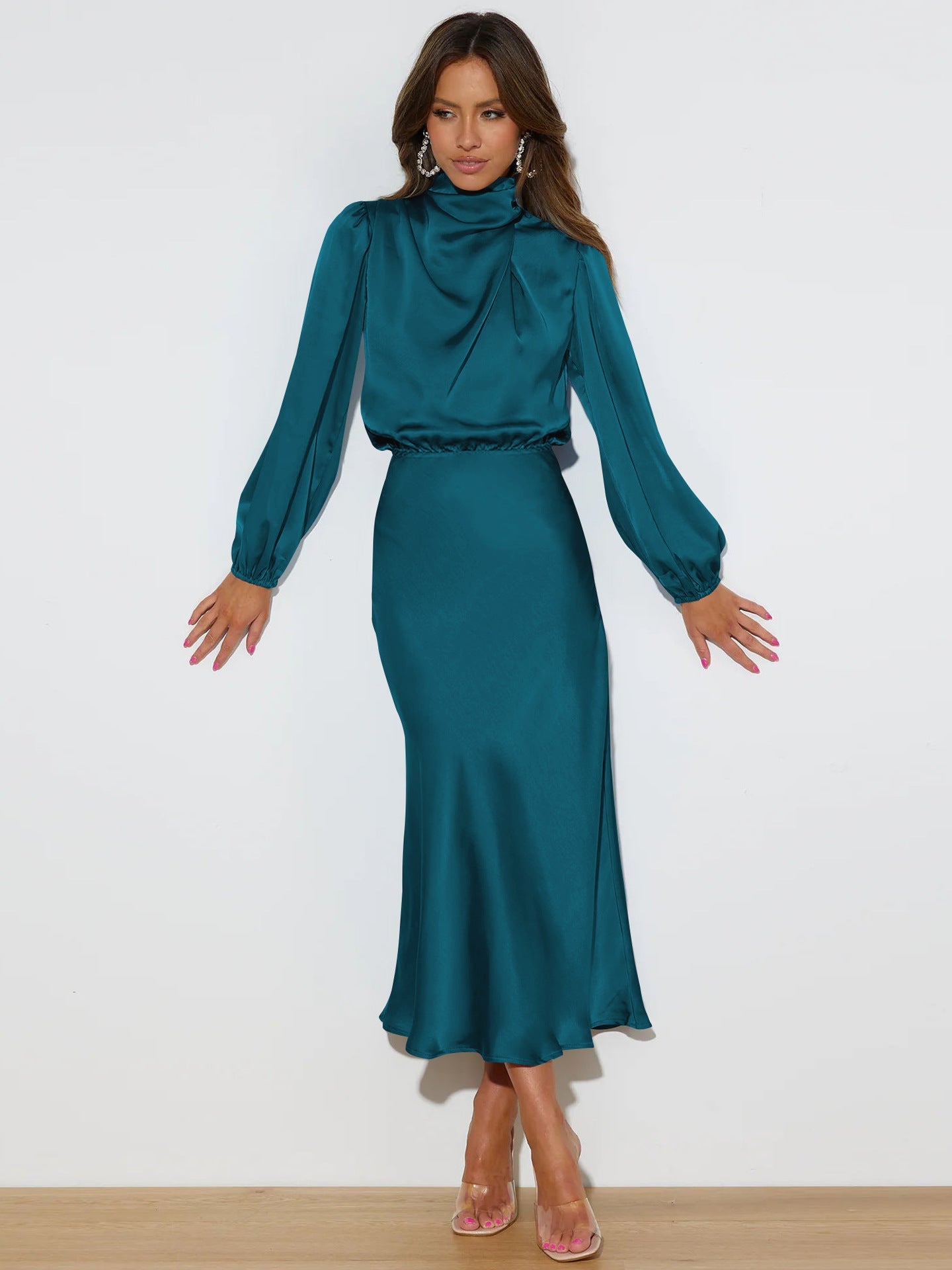 Halter neck long - sleeved dress satin elegant evening dress - Negative Apparel