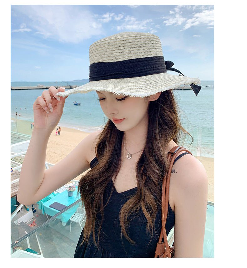 Hat Spring Summer Women's Fashion Straw Hat Seaside Vacation Beach Hat Flat Top Ribbon Bow Sun Hat - Negative Apparel
