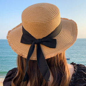 Hat Spring Summer Women's Fashion Straw Hat Seaside Vacation Beach Hat Flat Top Ribbon Bow Sun Hat - Negative Apparel