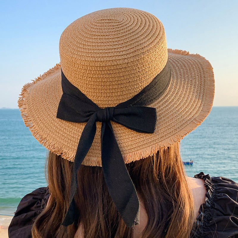 Hat Spring Summer Women's Fashion Straw Hat Seaside Vacation Beach Hat Flat Top Ribbon Bow Sun Hat - Negative Apparel