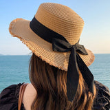 Hat Spring Summer Women's Fashion Straw Hat Seaside Vacation Beach Hat Flat Top Ribbon Bow Sun Hat - Negative Apparel