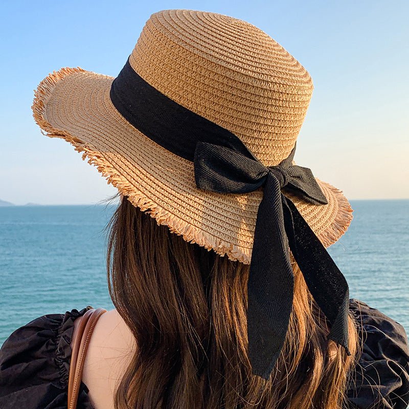 Hat Spring Summer Women's Fashion Straw Hat Seaside Vacation Beach Hat Flat Top Ribbon Bow Sun Hat - Negative Apparel