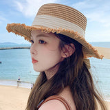 Hat Spring Summer Women's Fashion Straw Hat Seaside Vacation Beach Hat Flat Top Ribbon Bow Sun Hat - Negative Apparel