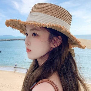 Hat Spring Summer Women's Fashion Straw Hat Seaside Vacation Beach Hat Flat Top Ribbon Bow Sun Hat - Negative Apparel