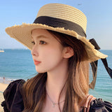 Hat Spring Summer Women's Fashion Straw Hat Seaside Vacation Beach Hat Flat Top Ribbon Bow Sun Hat - Negative Apparel
