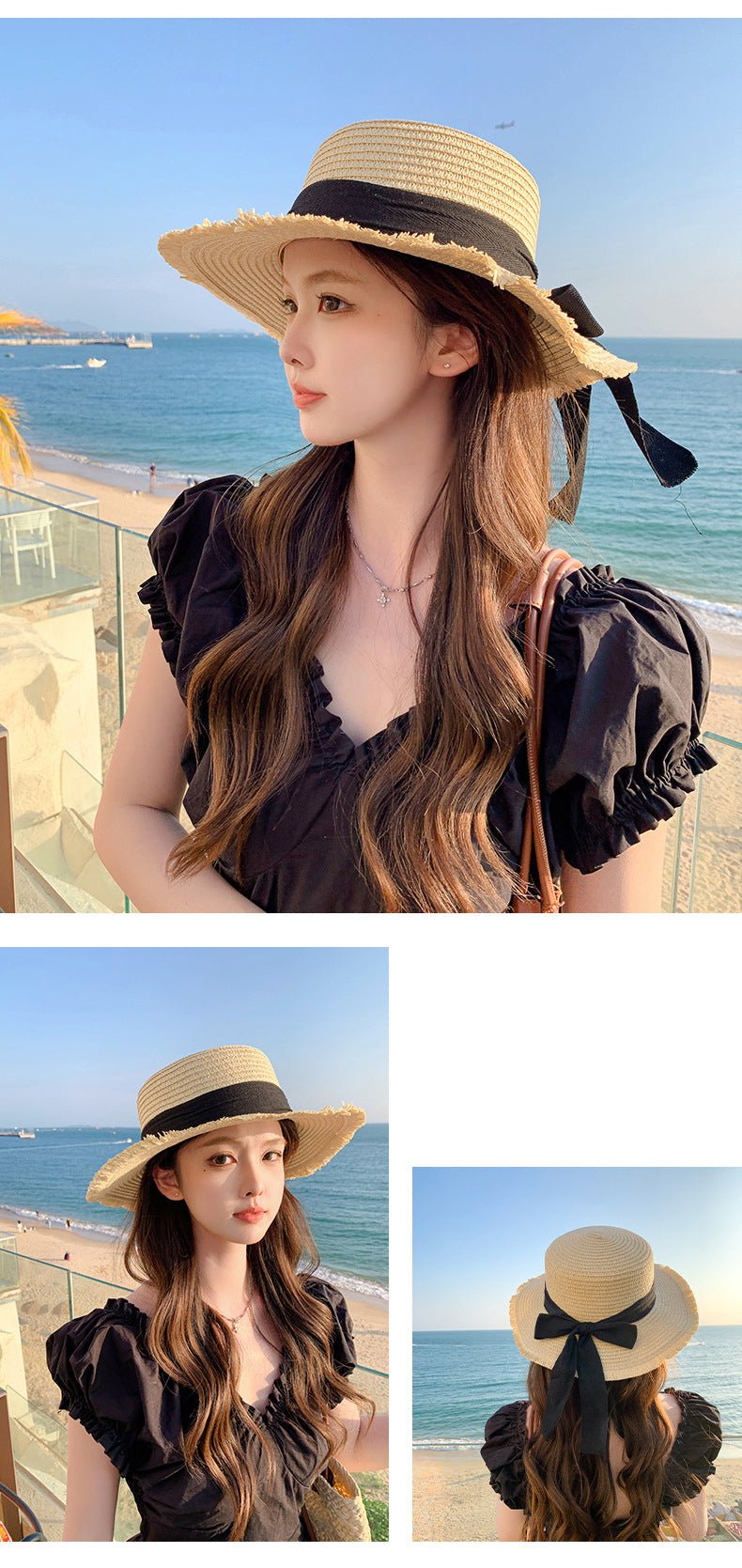 Hat Spring Summer Women's Fashion Straw Hat Seaside Vacation Beach Hat Flat Top Ribbon Bow Sun Hat - Negative Apparel