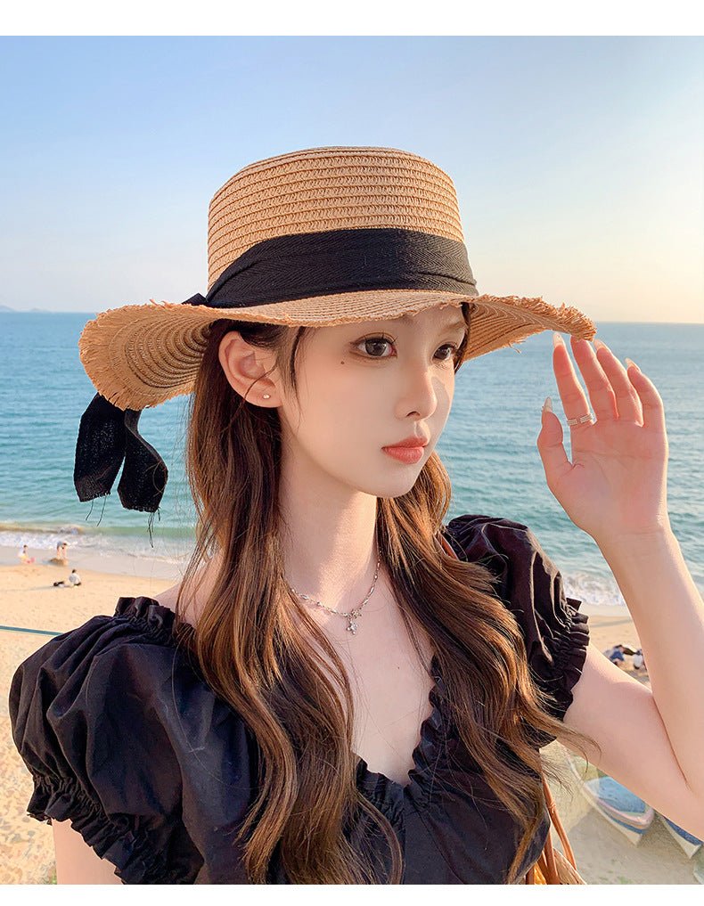 Hat Spring Summer Women's Fashion Straw Hat Seaside Vacation Beach Hat Flat Top Ribbon Bow Sun Hat - Negative Apparel
