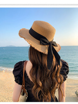 Hat Spring Summer Women's Fashion Straw Hat Seaside Vacation Beach Hat Flat Top Ribbon Bow Sun Hat - Negative Apparel