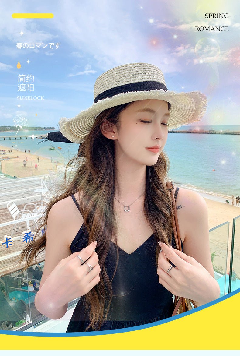 Hat Spring Summer Women's Fashion Straw Hat Seaside Vacation Beach Hat Flat Top Ribbon Bow Sun Hat - Negative Apparel