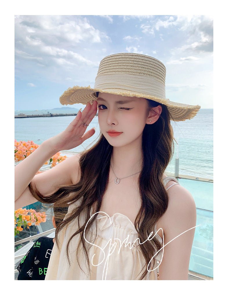 Hat Spring Summer Women's Fashion Straw Hat Seaside Vacation Beach Hat Flat Top Ribbon Bow Sun Hat - Negative Apparel