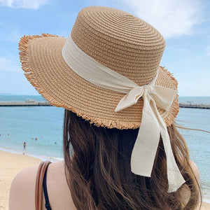 Hat Spring Summer Women's Fashion Straw Hat Seaside Vacation Beach Hat Flat Top Ribbon Bow Sun Hat - Negative Apparel