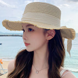 Hat Spring Summer Women's Fashion Straw Hat Seaside Vacation Beach Hat Flat Top Ribbon Bow Sun Hat - Negative Apparel