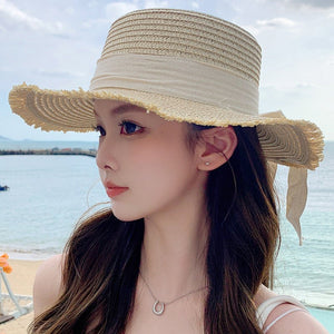 Hat Spring Summer Women's Fashion Straw Hat Seaside Vacation Beach Hat Flat Top Ribbon Bow Sun Hat - Negative Apparel