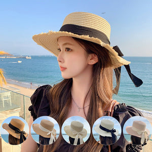 Hat Spring Summer Women's Fashion Straw Hat Seaside Vacation Beach Hat Flat Top Ribbon Bow Sun Hat - Negative Apparel