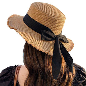 Hat Spring Summer Women's Fashion Straw Hat Seaside Vacation Beach Hat Flat Top Ribbon Bow Sun Hat - Negative Apparel