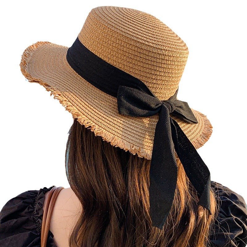 Hat Spring Summer Women's Fashion Straw Hat Seaside Vacation Beach Hat Flat Top Ribbon Bow Sun Hat - Negative Apparel