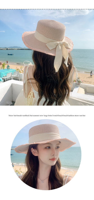 Hat Spring Summer Women's Fashion Straw Hat Seaside Vacation Beach Hat Flat Top Ribbon Bow Sun Hat - Negative Apparel