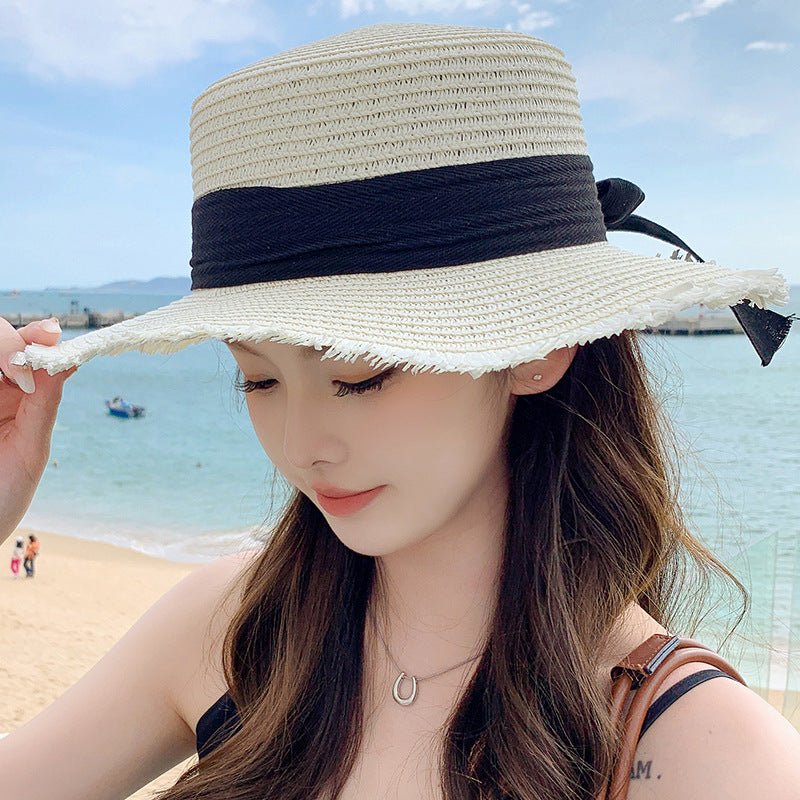 Hat Spring Summer Women's Fashion Straw Hat Seaside Vacation Beach Hat Flat Top Ribbon Bow Sun Hat - Negative Apparel
