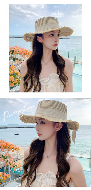 Hat Spring Summer Women's Fashion Straw Hat Seaside Vacation Beach Hat Flat Top Ribbon Bow Sun Hat - Negative Apparel