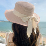 Hat Spring Summer Women's Fashion Straw Hat Seaside Vacation Beach Hat Flat Top Ribbon Bow Sun Hat - Negative Apparel