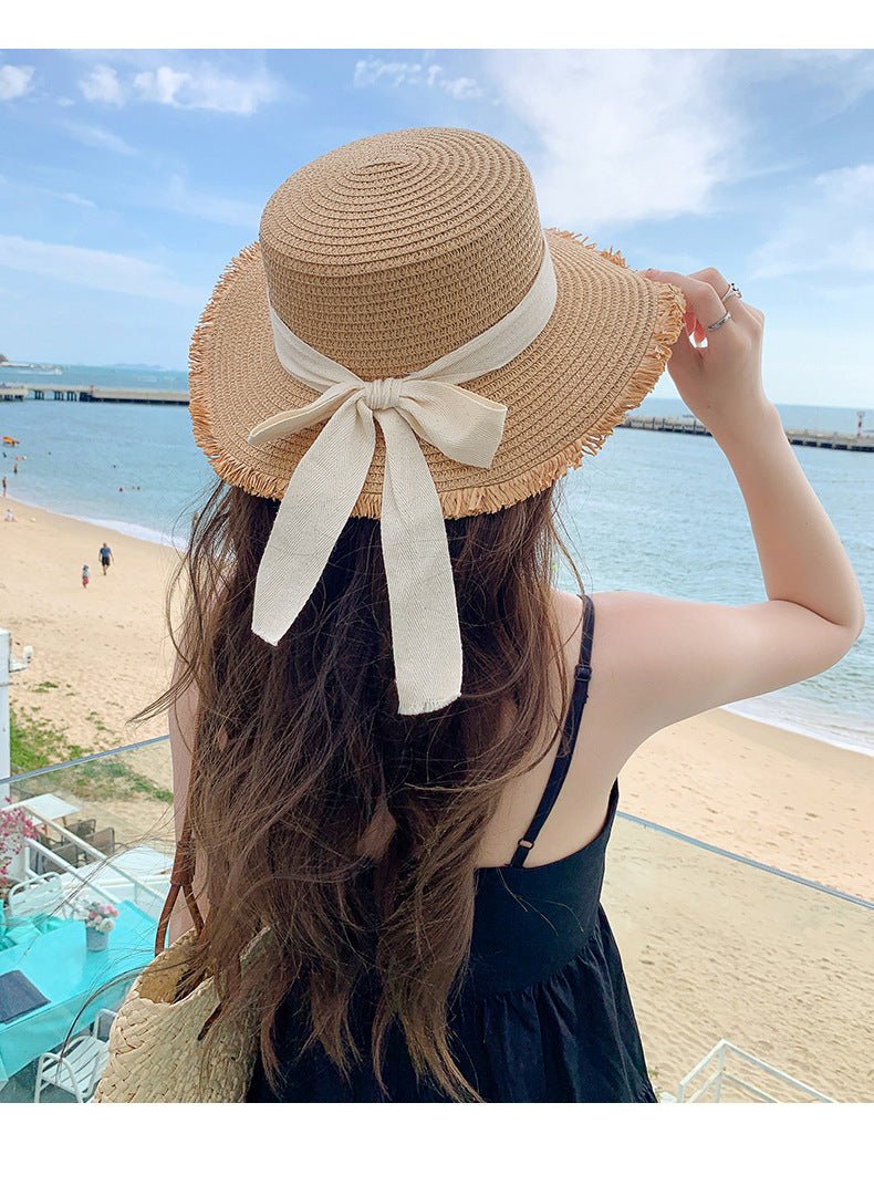 Hat Spring Summer Women's Fashion Straw Hat Seaside Vacation Beach Hat Flat Top Ribbon Bow Sun Hat - Negative Apparel