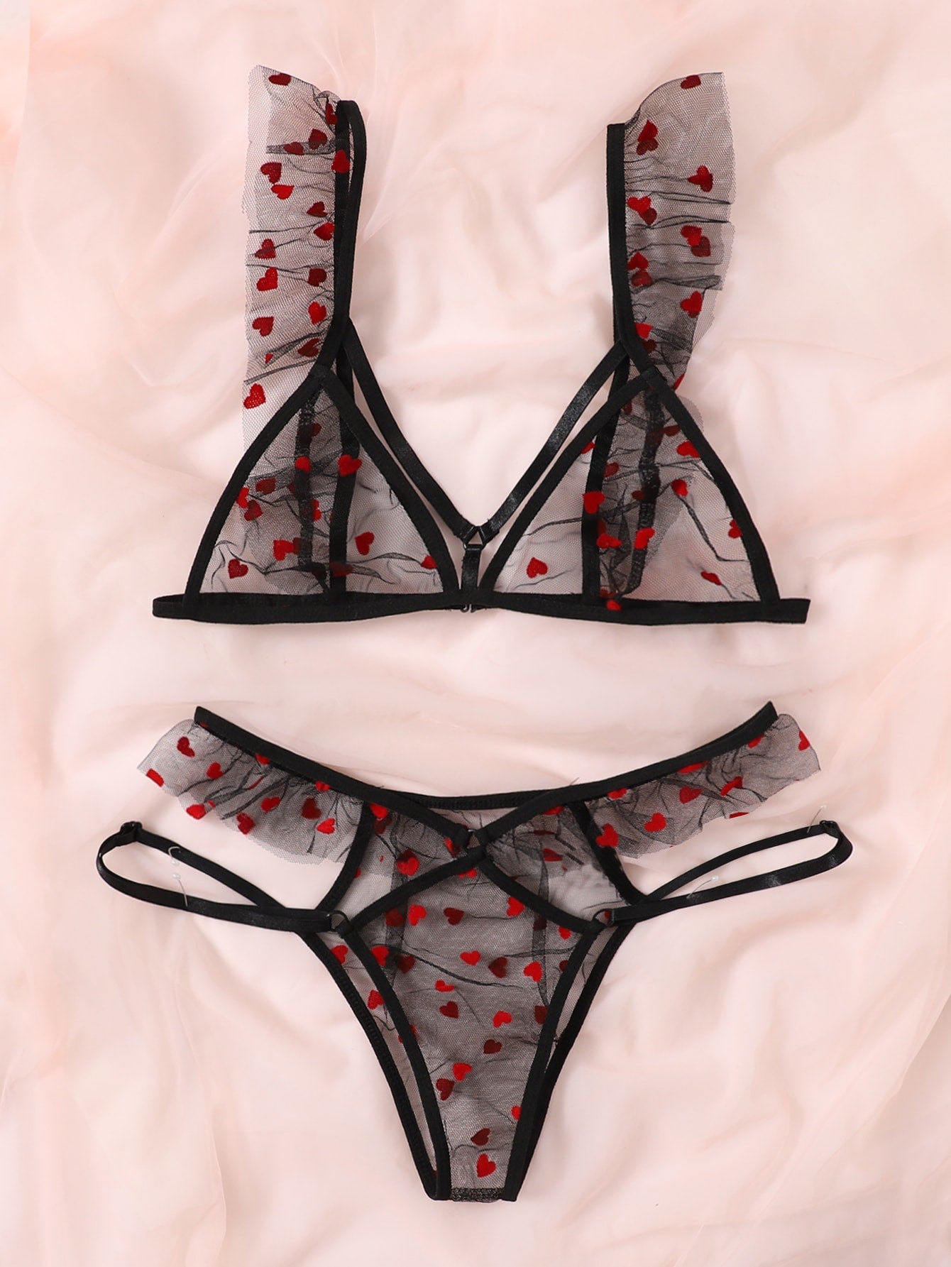 Heart Pattern Mesh Lingerie Set - Negative Apparel