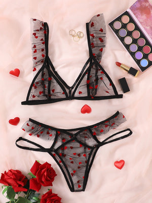 Heart Pattern Mesh Lingerie Set - Negative Apparel