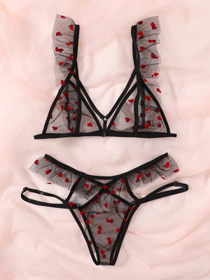 Heart Pattern Mesh Lingerie Set - Negative Apparel