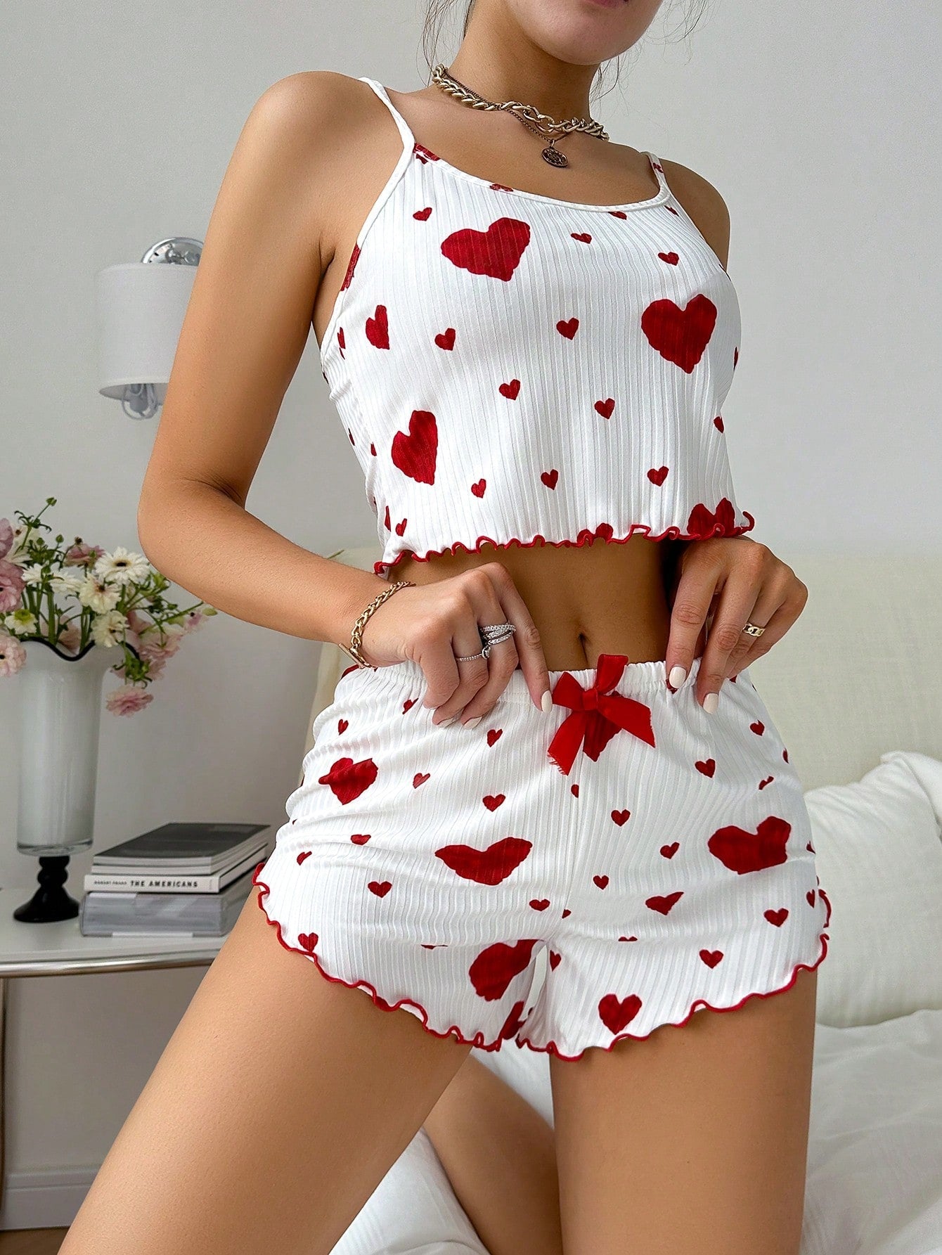 Heart Print Cami Top & Shorts Home Wear - Negative Apparel