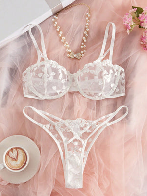 Heart Shape Embroidery Sheer Lingerie Set, Bra And Panty - Negative Apparel