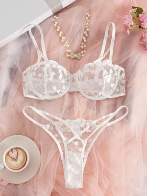 Heart Shape Embroidery Sheer Lingerie Set, Bra And Panty - Negative Apparel