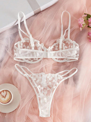 Heart Shape Embroidery Sheer Lingerie Set, Bra And Panty - Negative Apparel