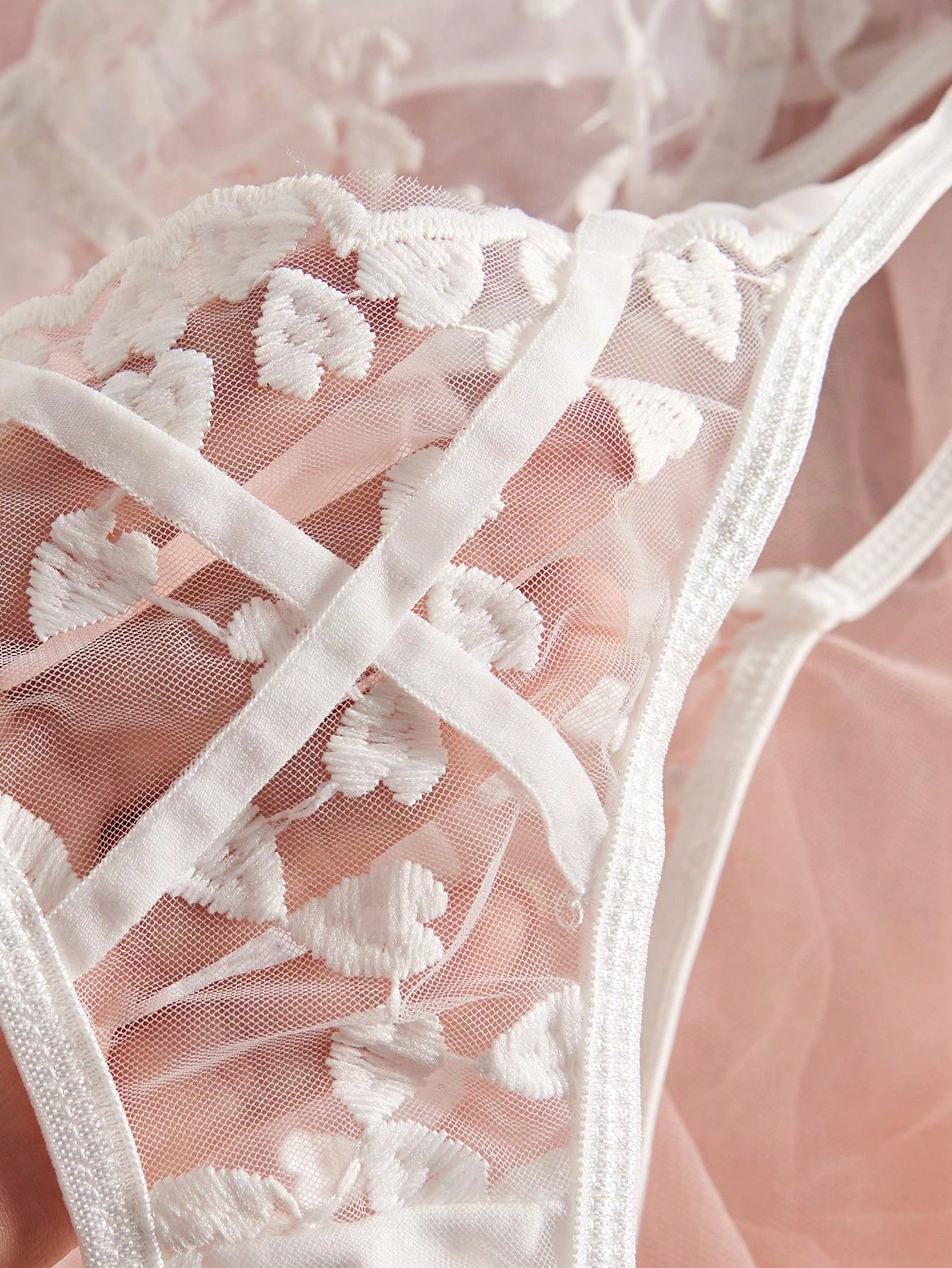 Heart Shape Embroidery Sheer Lingerie Set, Bra And Panty - Negative Apparel