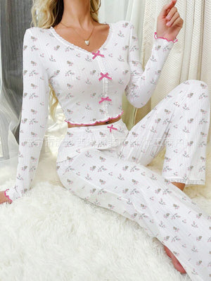 Heart V - neck long - sleeved pajamas for women - Negative Apparel