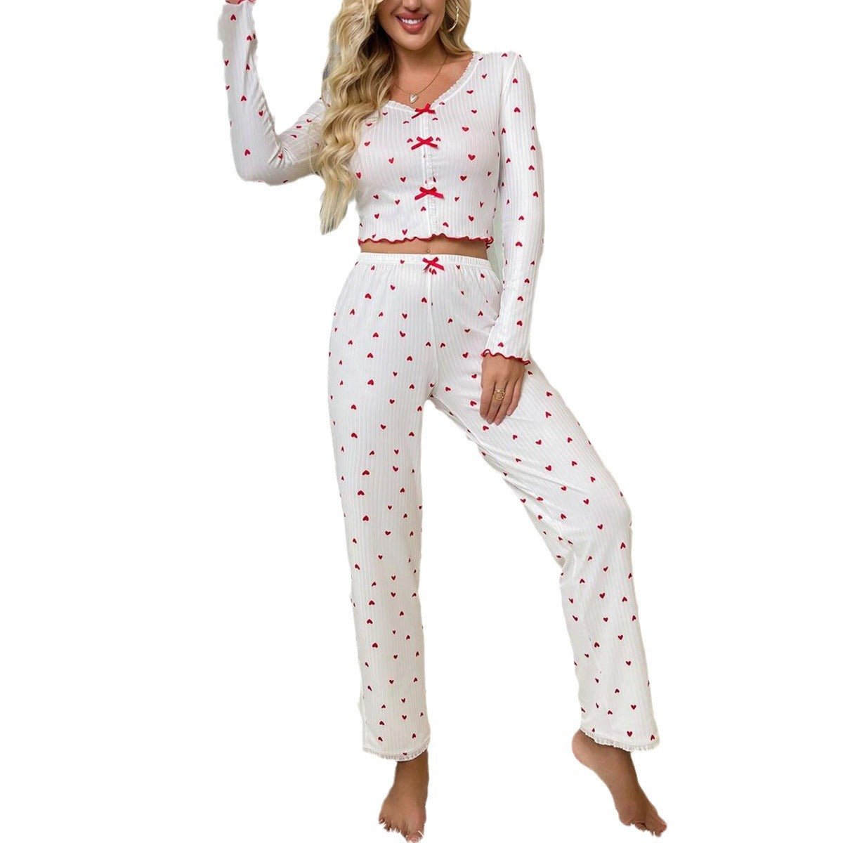 Heart V - neck long - sleeved pajamas for women - Negative Apparel