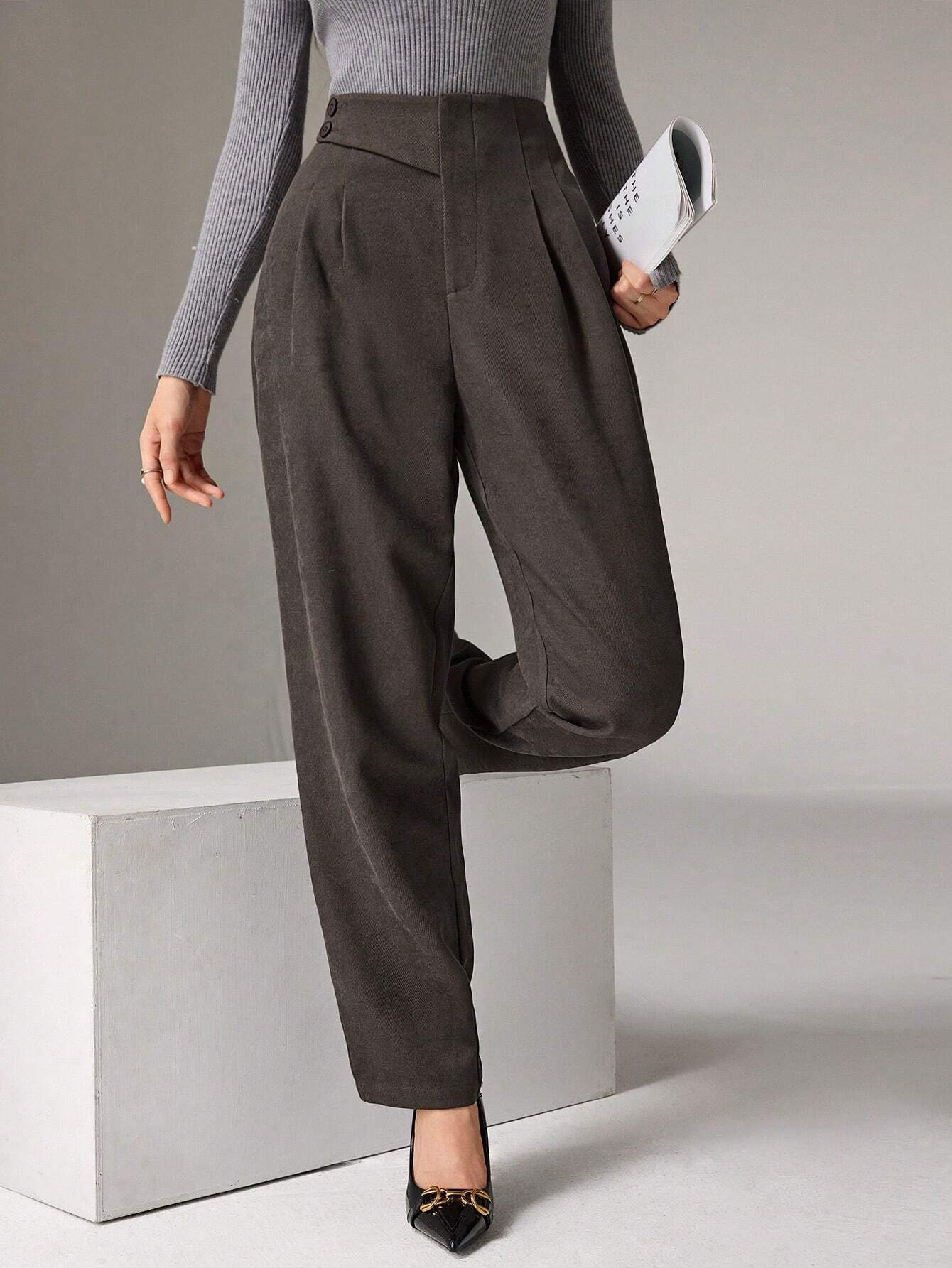 Heiryn Women's Casual High Waist Fold Pleated Skinny Pants - Negative Apparel