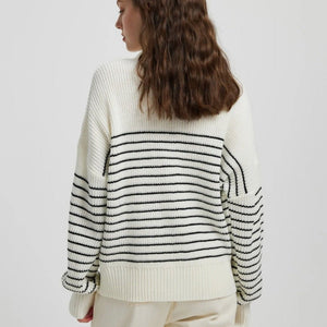 High collar striped color matching long sleeve zipper pullover knitted sweater for women - Negative Apparel